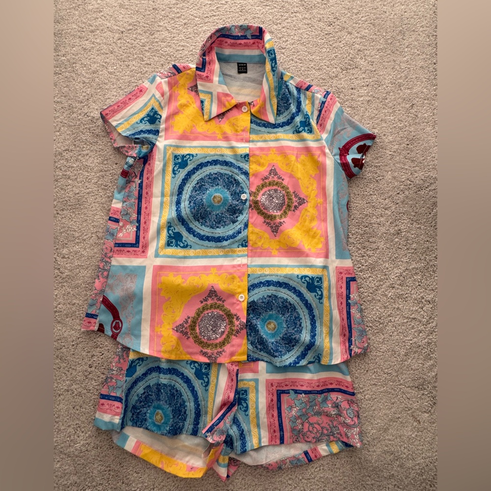 SHEIN Multicolor Patterned Button Down Shirt and matching shorts